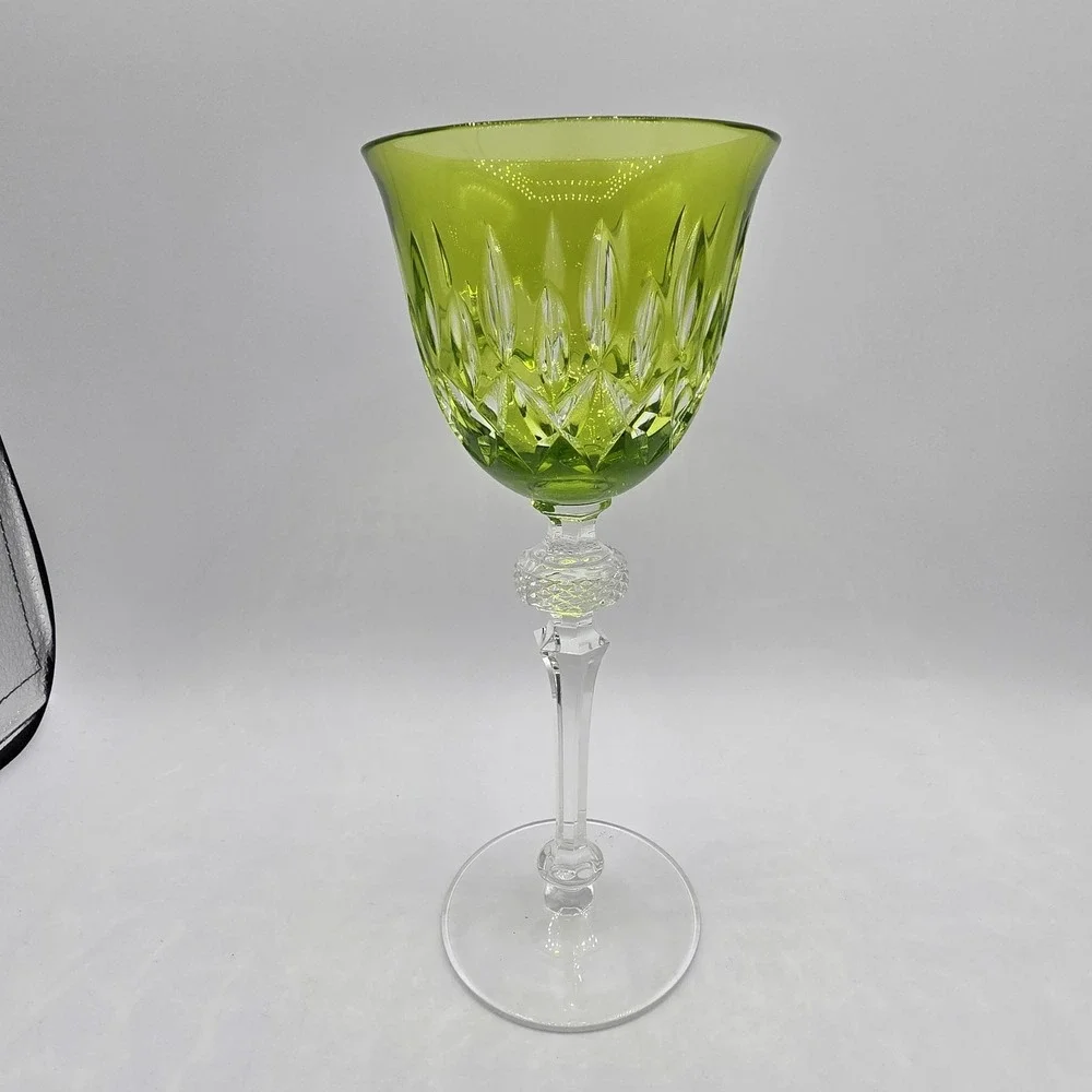 Vtg Crystal Wine Goblet Glass Green Cut‎ Glass Unknown Maker